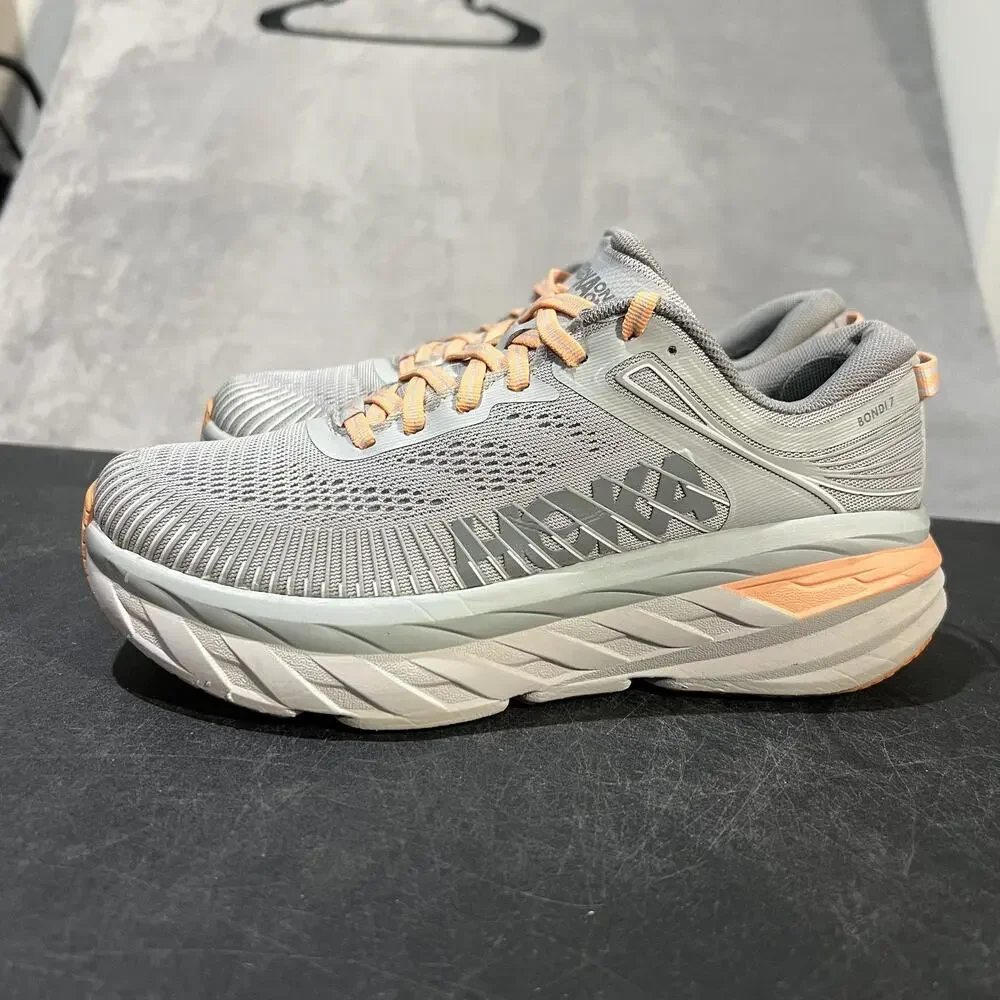 Hoka One One Bondi 7 Shoes Womens Size 7 Gray Peach Running Sneakers Cushioned